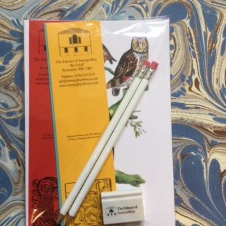 Bag of stationery items with innerpeffray logo and images from books.