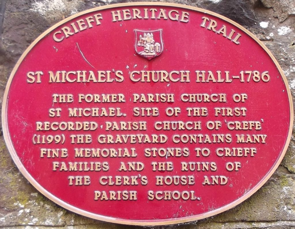 Red Crieff Heritage Trail plaque for St Michael's Church Hall - 1786.