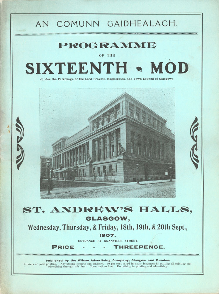 Light green programme advertising concerts at St. Andrew's Halls, Glasgow, in 1907
