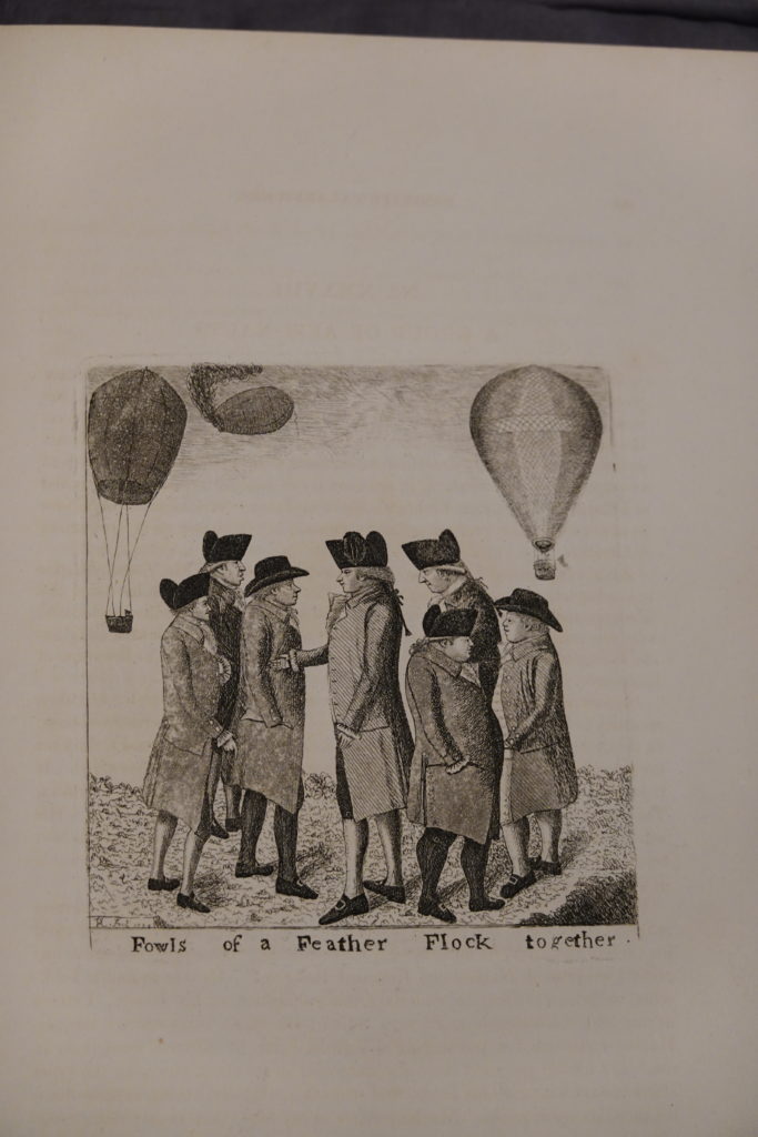 engraving of 18th century gentlemen with hot air balloons by John Kay