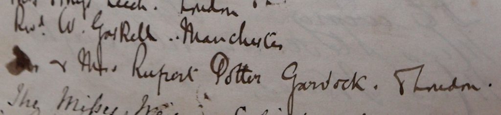 Entry from Innerpeffray Visitors' Book showing entry from Revd. W. Gaskell, Manchester and Mr & Mrs Rupert Potter, Garvock & London.