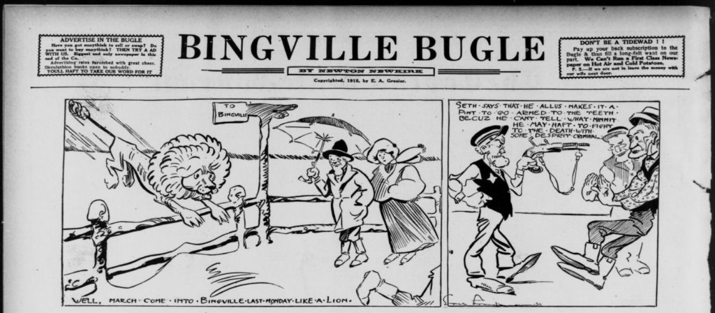 Newspaper clipping featuring a comic strip and small textual elements of the 'Bingville Bugle'.