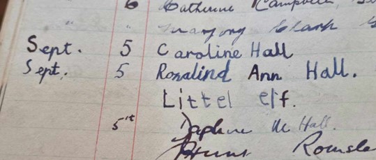 Page of signatures from 5/9/1965. Signatures read 'Catherine Campbell', 'Marjory Clark', 'Caroline Hall', 'Rosalind Ann Hall', 'Littel elf', 'Daphne M Hall'