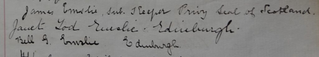 Signatures reading 'James Emslie, Sub. Keeper Privy Seal of Scotland. Janet Tod Emslie. Edinburgh. Bell G. Emslie Edinburgh.'