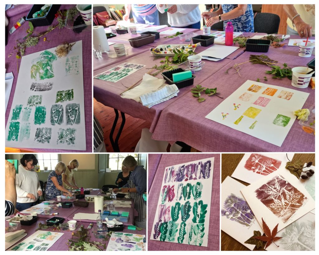 Collage of five images of hand printed artwork on a purple tablecloth.