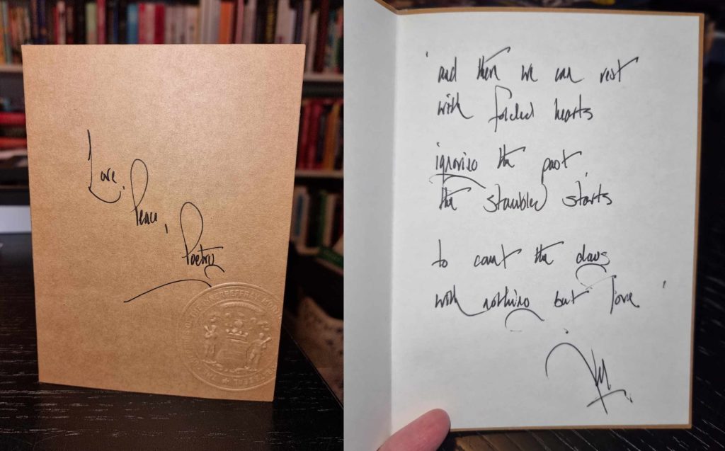 Collage of two images, left showing the cover of a booklet which reads 'Love, Peace, Poetry' and has the Innerpeffray crest embossed. Right shows handwritten poetry extract which reads:"and then we can restwith folded hearts ignoring the past,the stumbled startsto count the days with nothing but love"