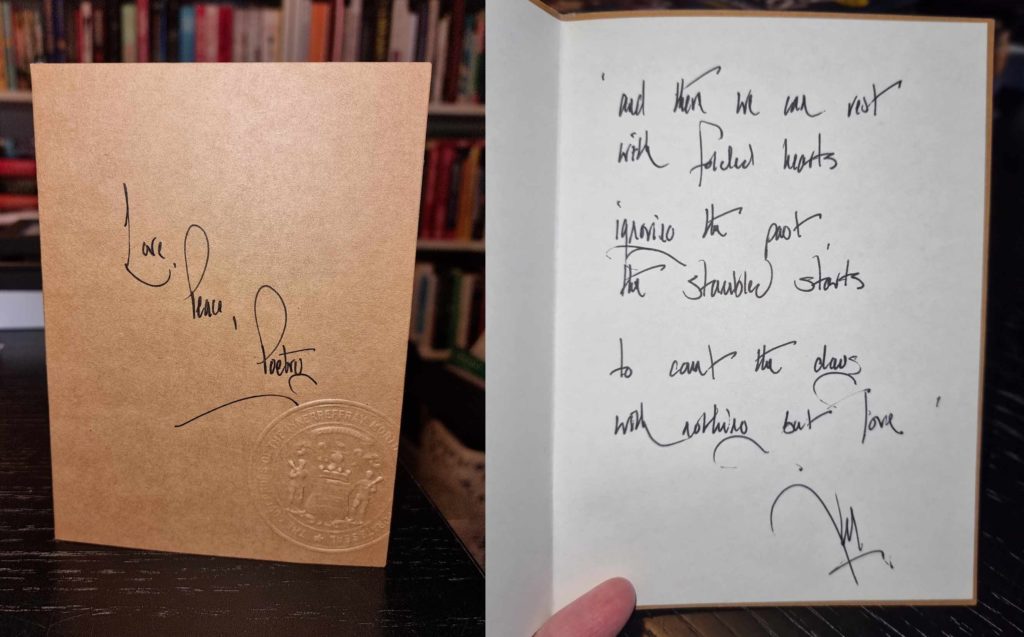 Collage of two images, left showing the cover of a booklet which reads 'Love, Peace, Poetry' and has the Innerpeffray crest embossed. Right shows handwritten poetry extract which reads:
"and then we can rest
with folded hearts 
ignoring the past,
the stumbled starts
to count the days 
with nothing but love"