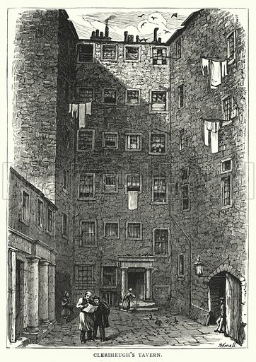 engraving of a tall stone building with small windows