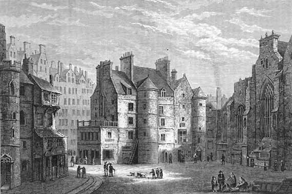 Engraving of a square of tall stone buildings